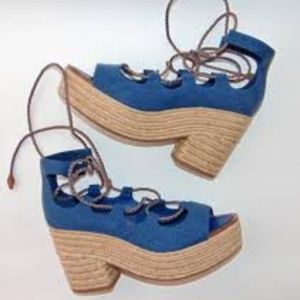 Tory Burch Denim Platform Wedge Espadrille Size 10